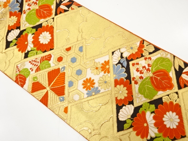 JAPANESE KIMONO / ANTIQUE FUKURO OBI / SILK / WOVEN KIKU & PAULOWNIA